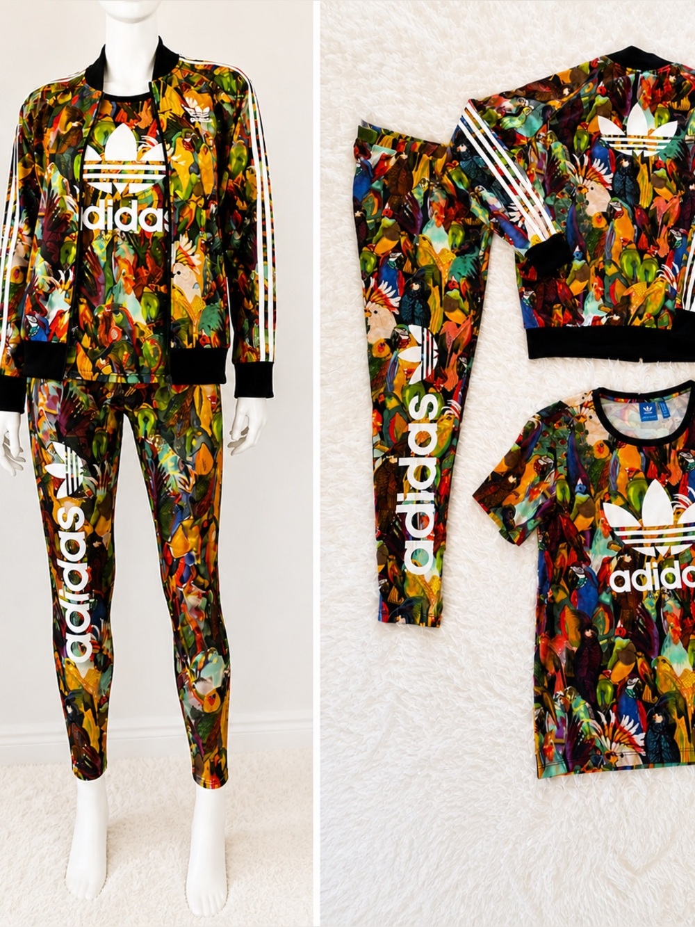 Adidas x FARM Rio Passareda Parrot Print 3PC Set Jacket Tee Leggings Rare
